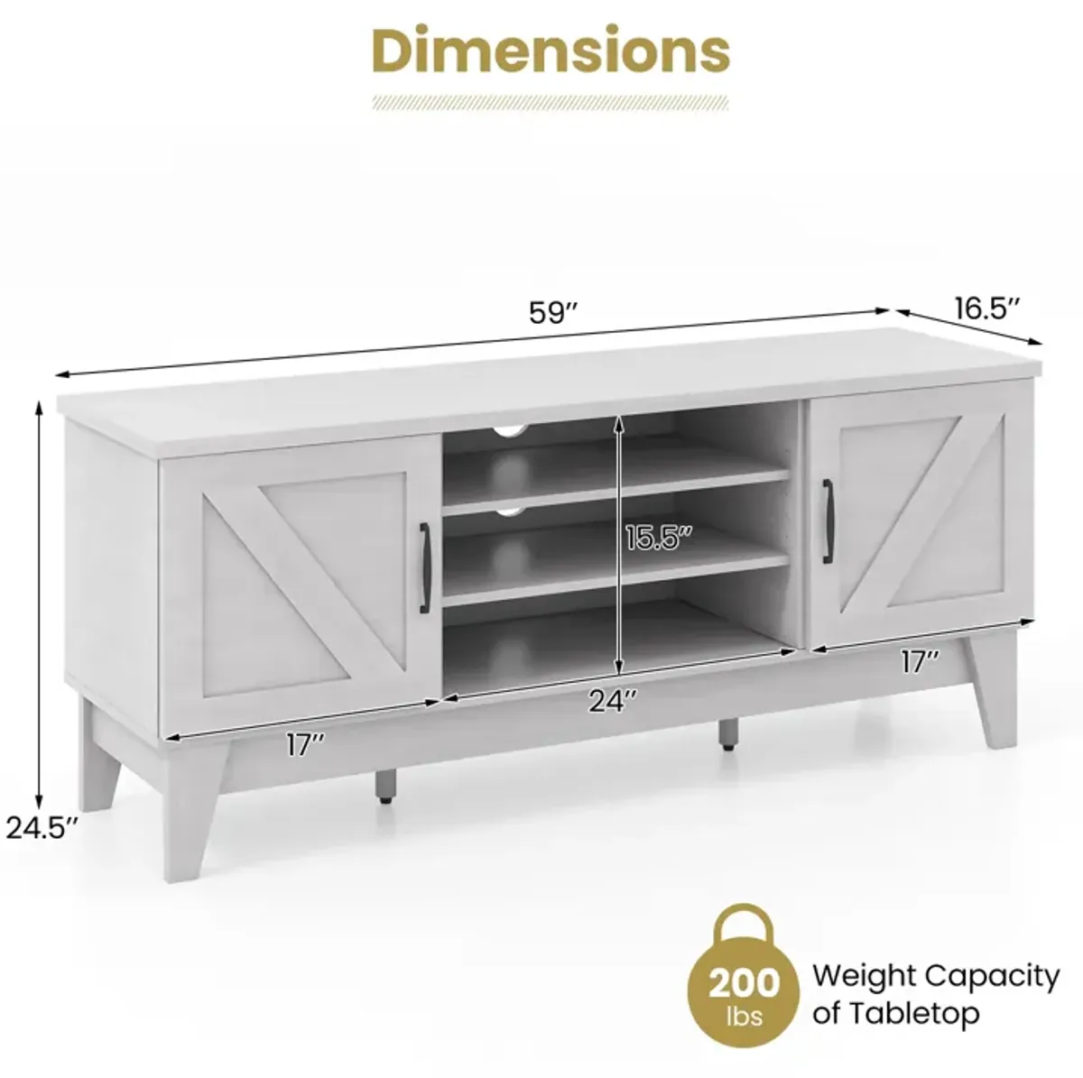 Farmhouse TV Stand for TVs Up to 65 Inches with 2 Barn Door Cabinets-Gray