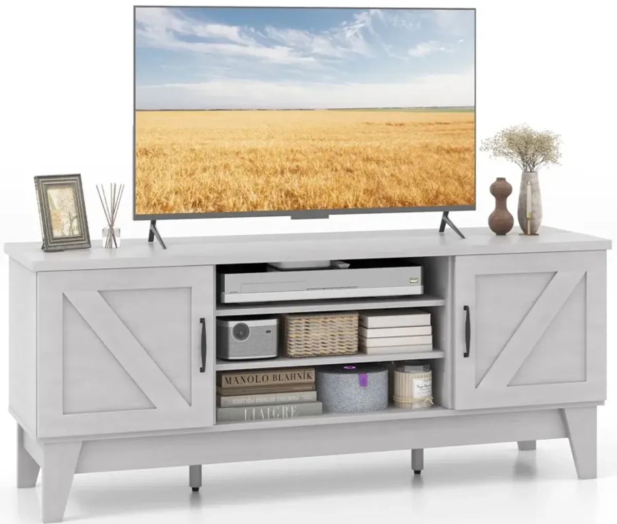 Farmhouse TV Stand for TVs Up to 65 Inches with 2 Barn Door Cabinets-Gray