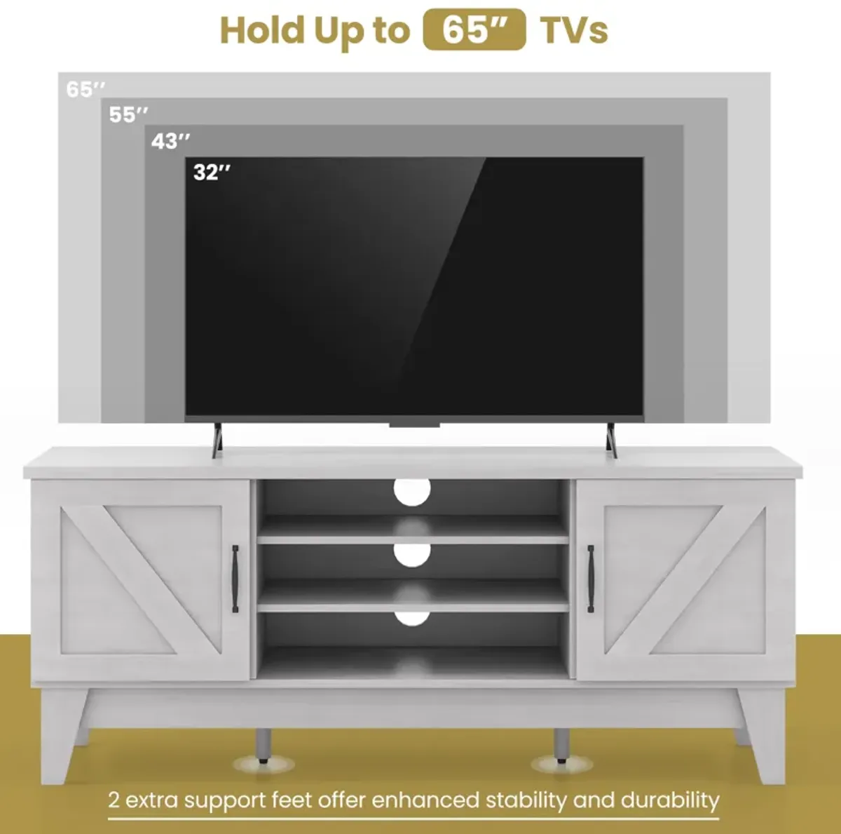 Farmhouse TV Stand for TVs Up to 65 Inches with 2 Barn Door Cabinets-Gray