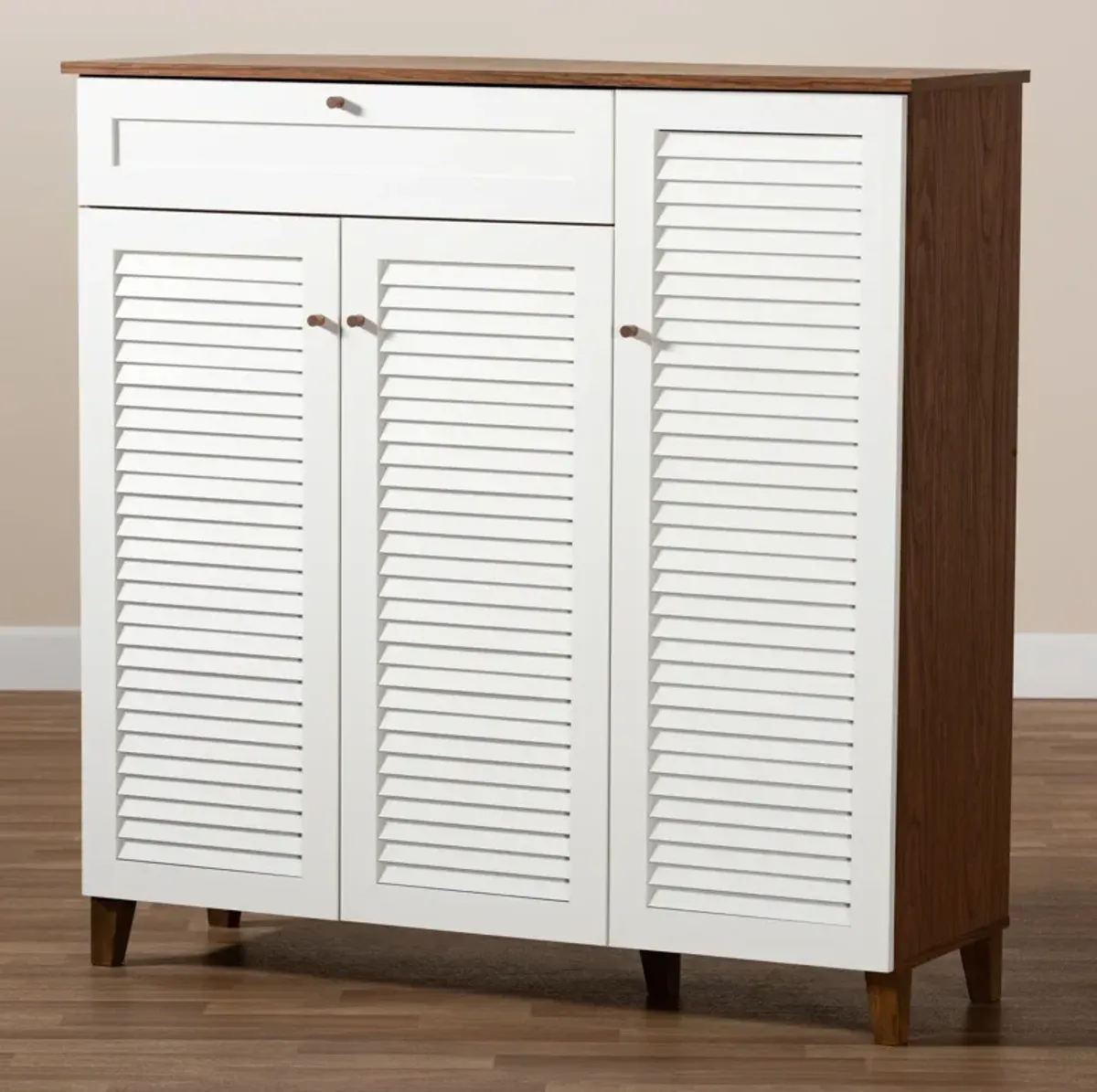 Baxton Studio Coolidge Modern White Finished 11 Shelf Wood Shoe Storage Cabinet With Drawer