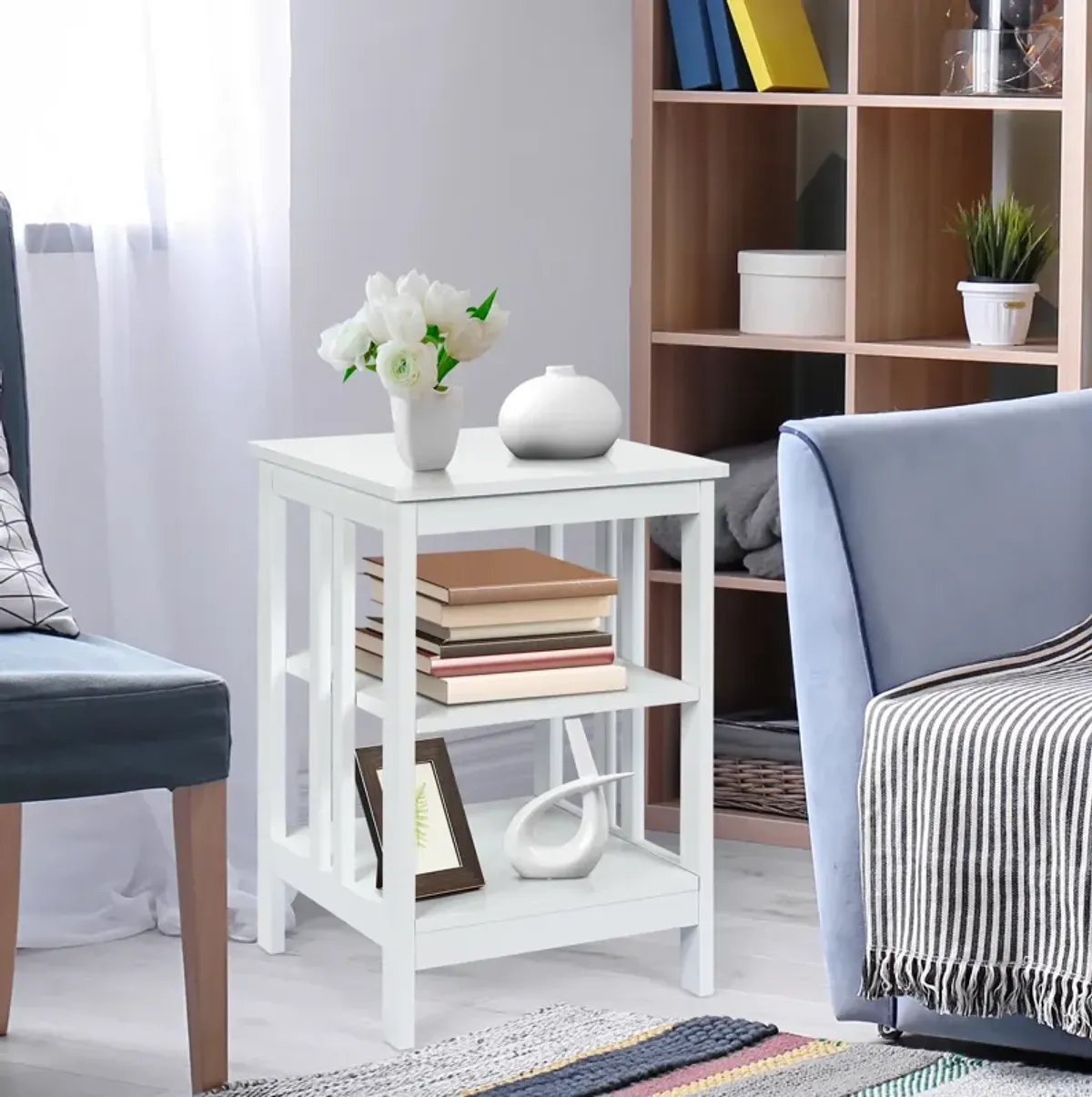 3-Tier Nightstand Sofa Side Table with Baffles and Round Corners