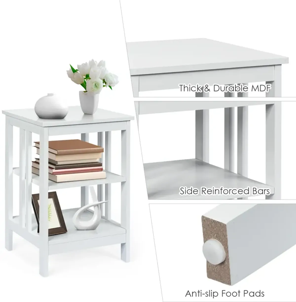 3-Tier Nightstand Sofa Side Table with Baffles and Round Corners