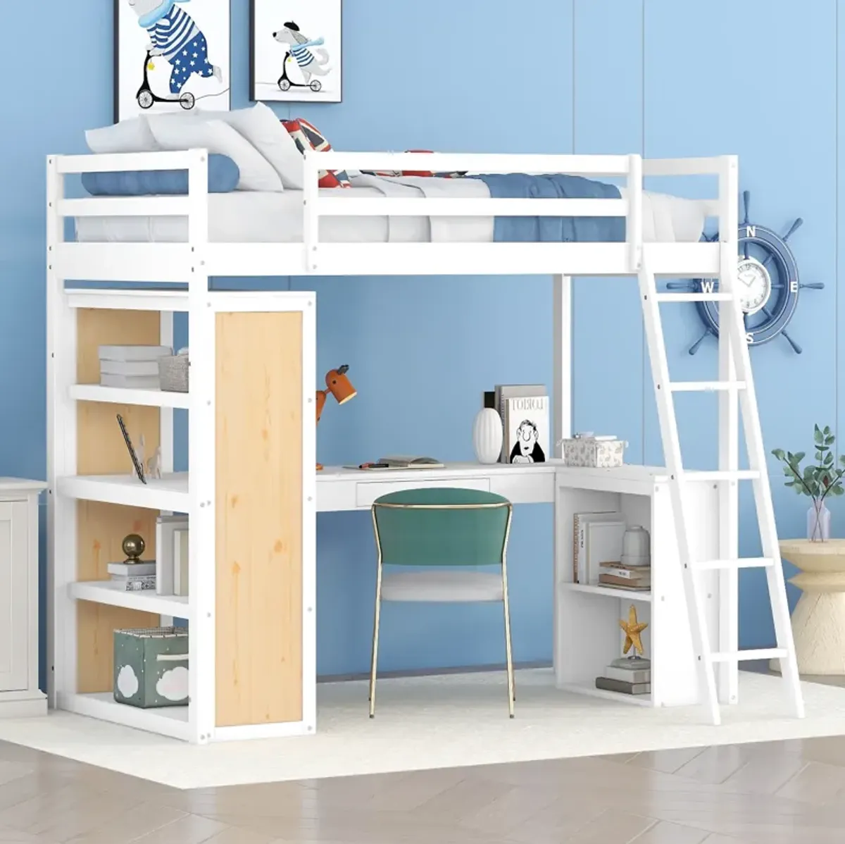 Merax Twin Size Loft Bed with Ladder, Shelves, and Desk