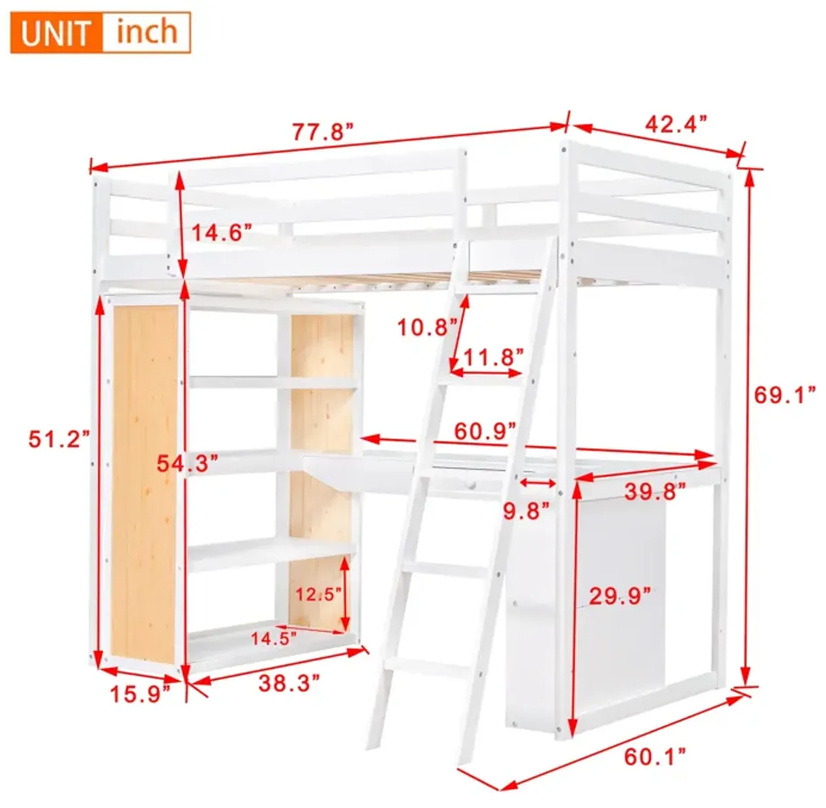 Merax Twin Size Loft Bed with Ladder, Shelves, and Desk