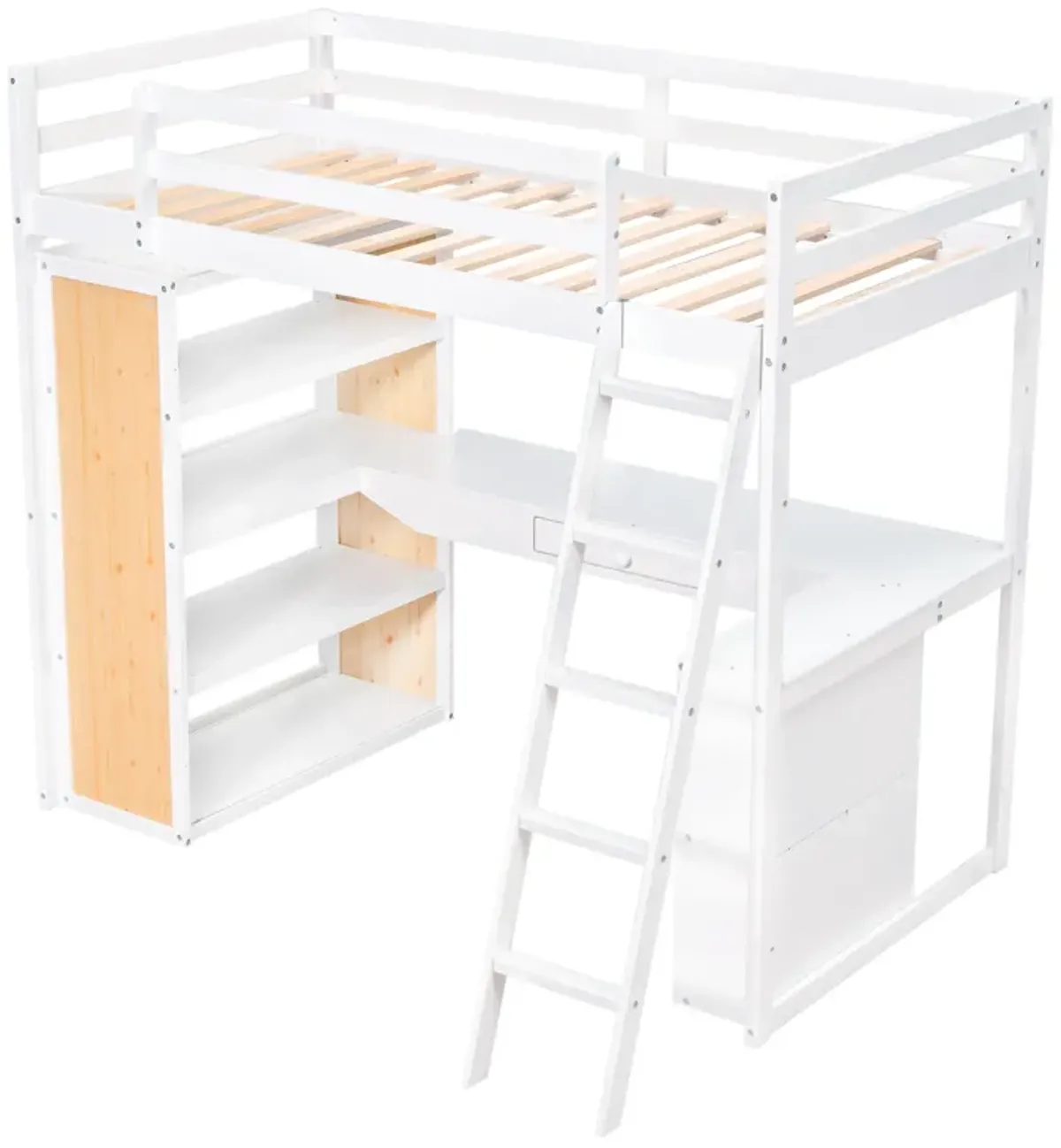 Merax Twin Size Loft Bed with Ladder, Shelves, and Desk