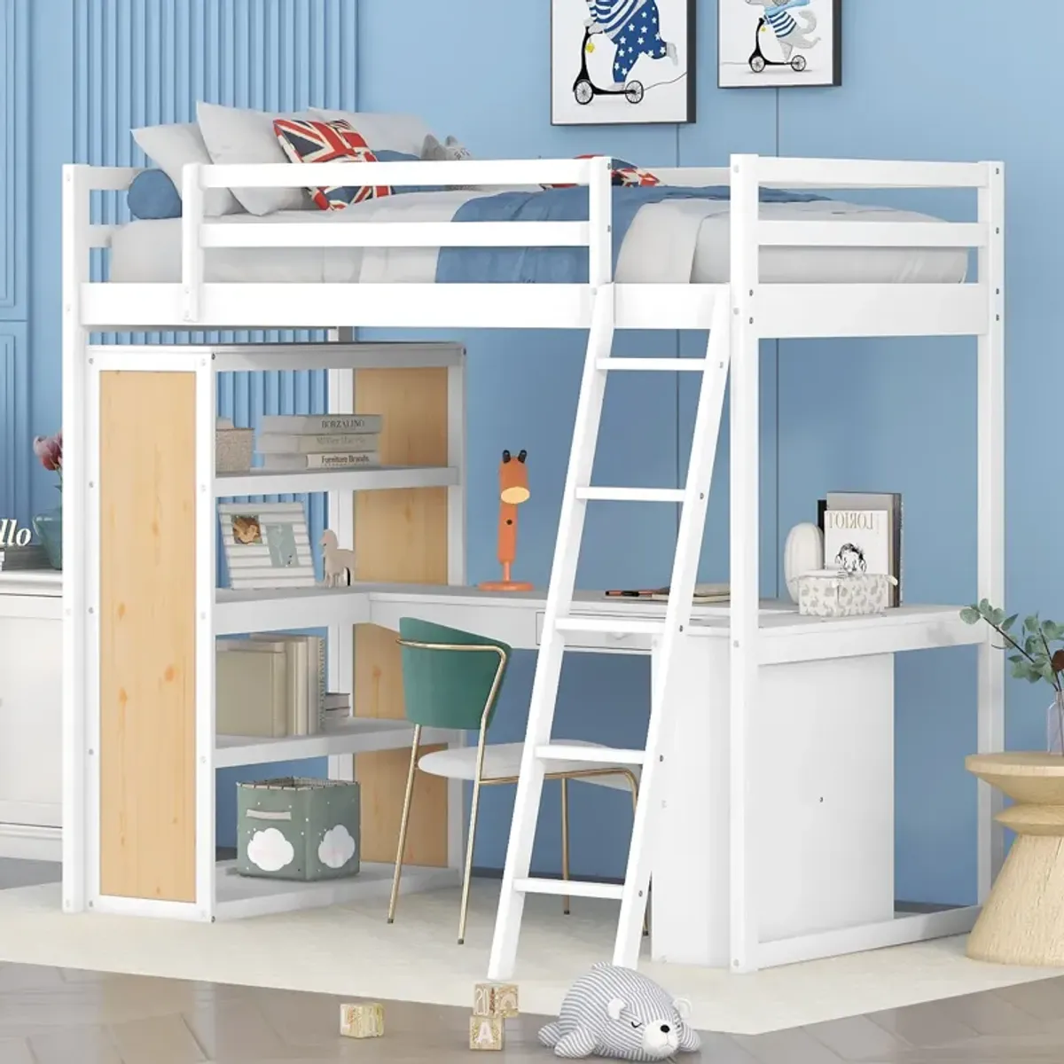 Merax Twin Size Loft Bed with Ladder, Shelves, and Desk