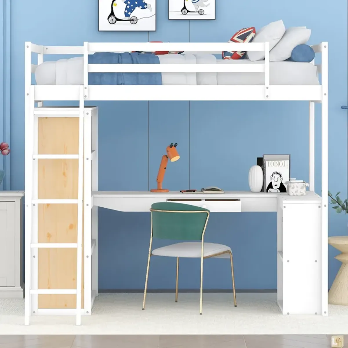 Merax Twin Size Loft Bed with Ladder, Shelves, and Desk