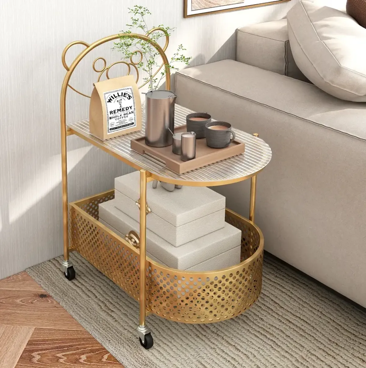 2-Tier Mobile Glass Coffee Table with Adorable Bear Pattern Design