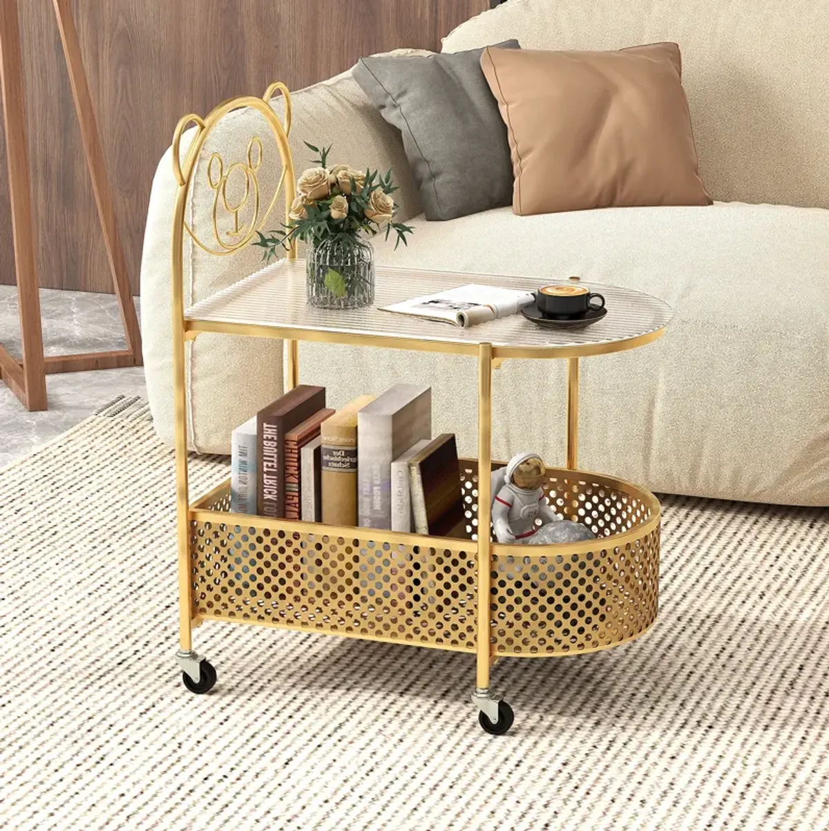 2-Tier Mobile Glass Coffee Table with Adorable Bear Pattern Design