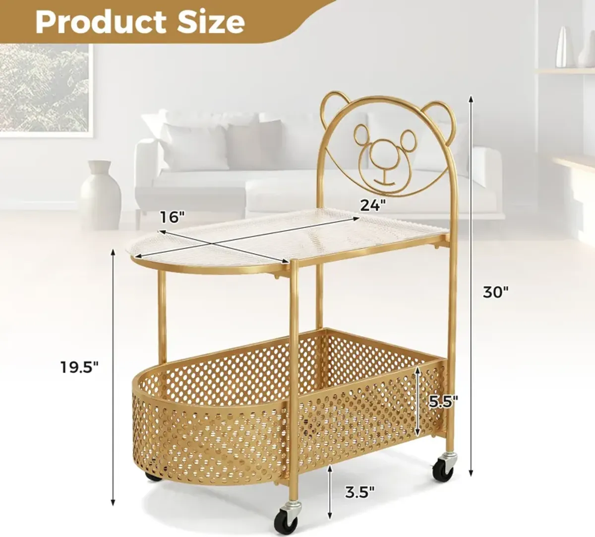 2-Tier Mobile Glass Coffee Table with Adorable Bear Pattern Design