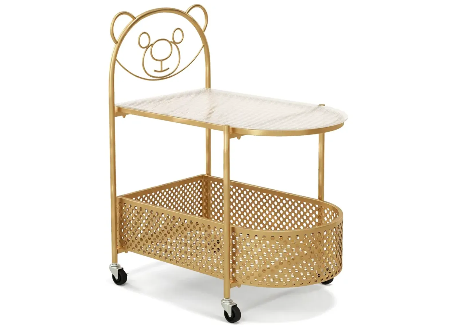 2-Tier Mobile Glass Coffee Table with Adorable Bear Pattern Design