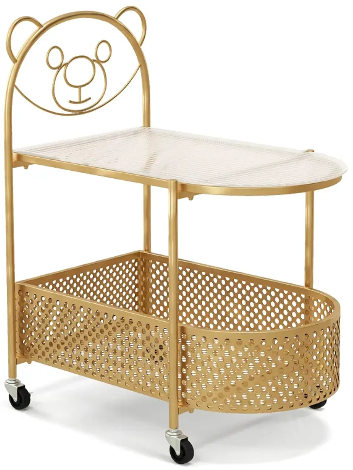 2-Tier Mobile Glass Coffee Table with Adorable Bear Pattern Design