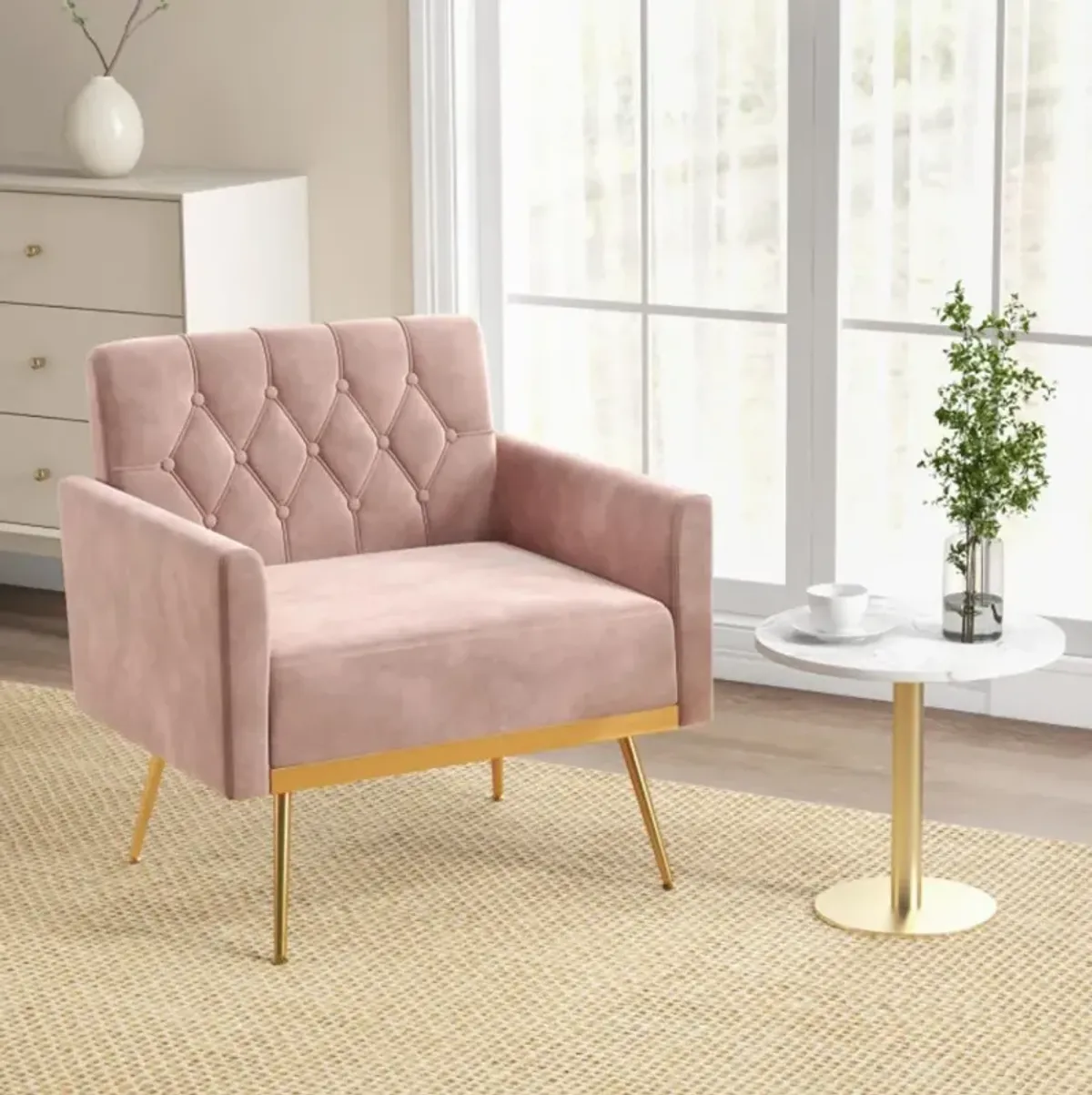 Modern Velvet Accent Chair with Button Tufted Back Golden Metal Legs and Adjustable Foot Pads