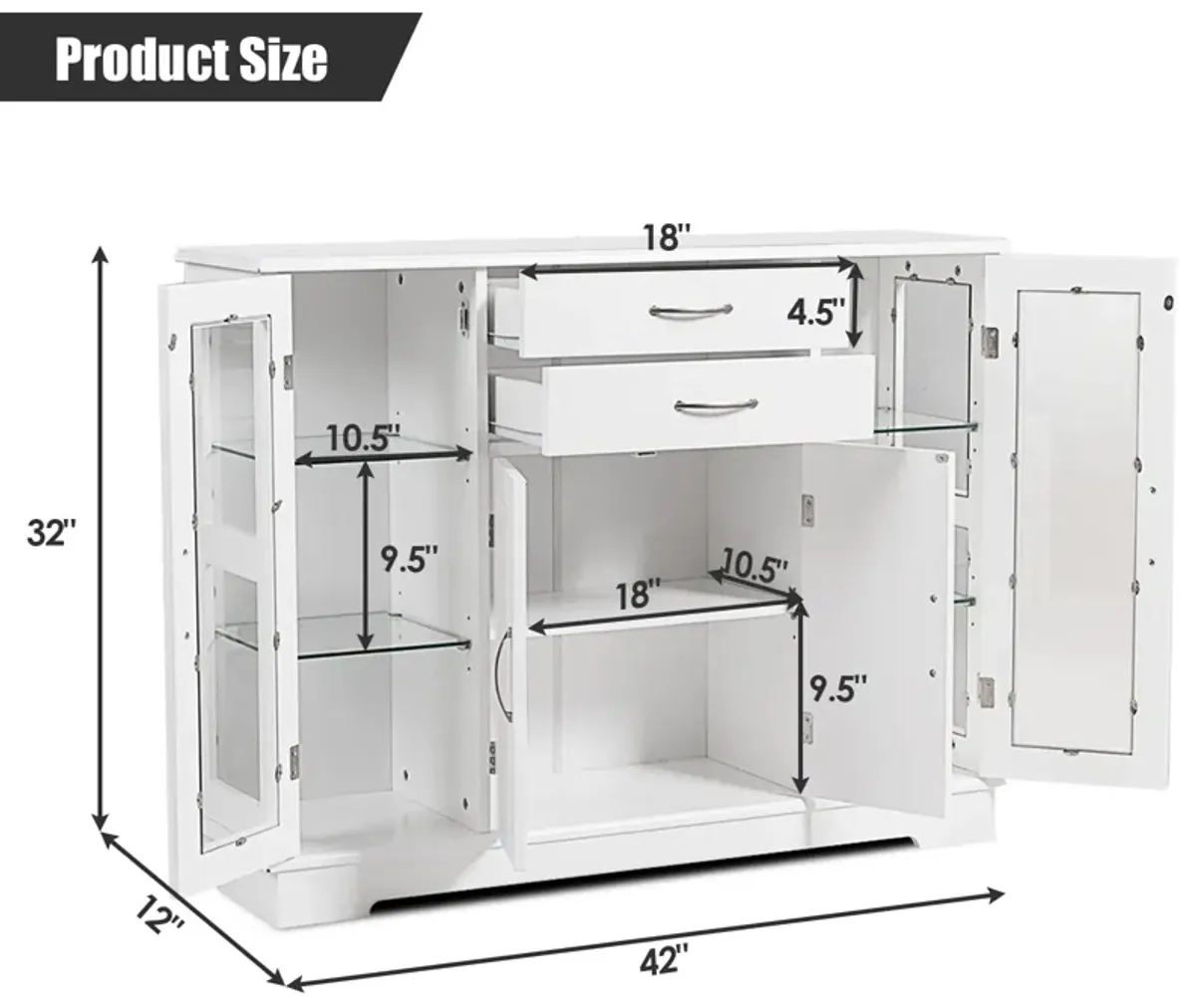 Sideboard Buffet Server Storage Cabinet with 2 Drawers and Glass Doors