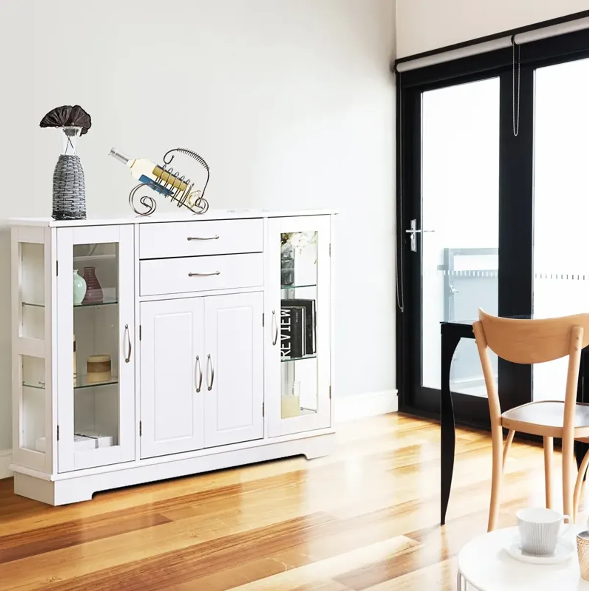 Sideboard Buffet Server Storage Cabinet with 2 Drawers and Glass Doors