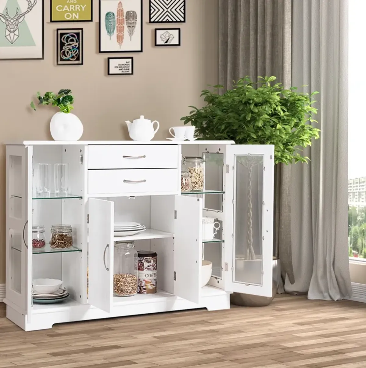 Sideboard Buffet Server Storage Cabinet with 2 Drawers and Glass Doors