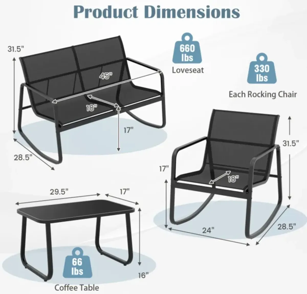 Hivvago 4 Piece Patio Rocking Set with Glass-Top Table-Black