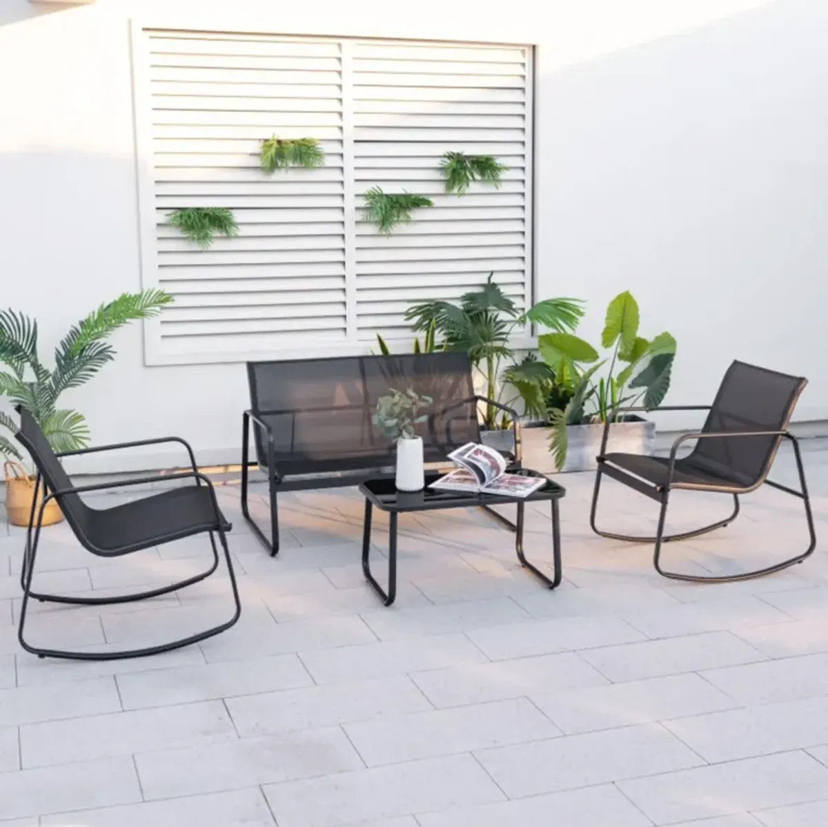 Hivvago 4 Piece Patio Rocking Set with Glass-Top Table-Black