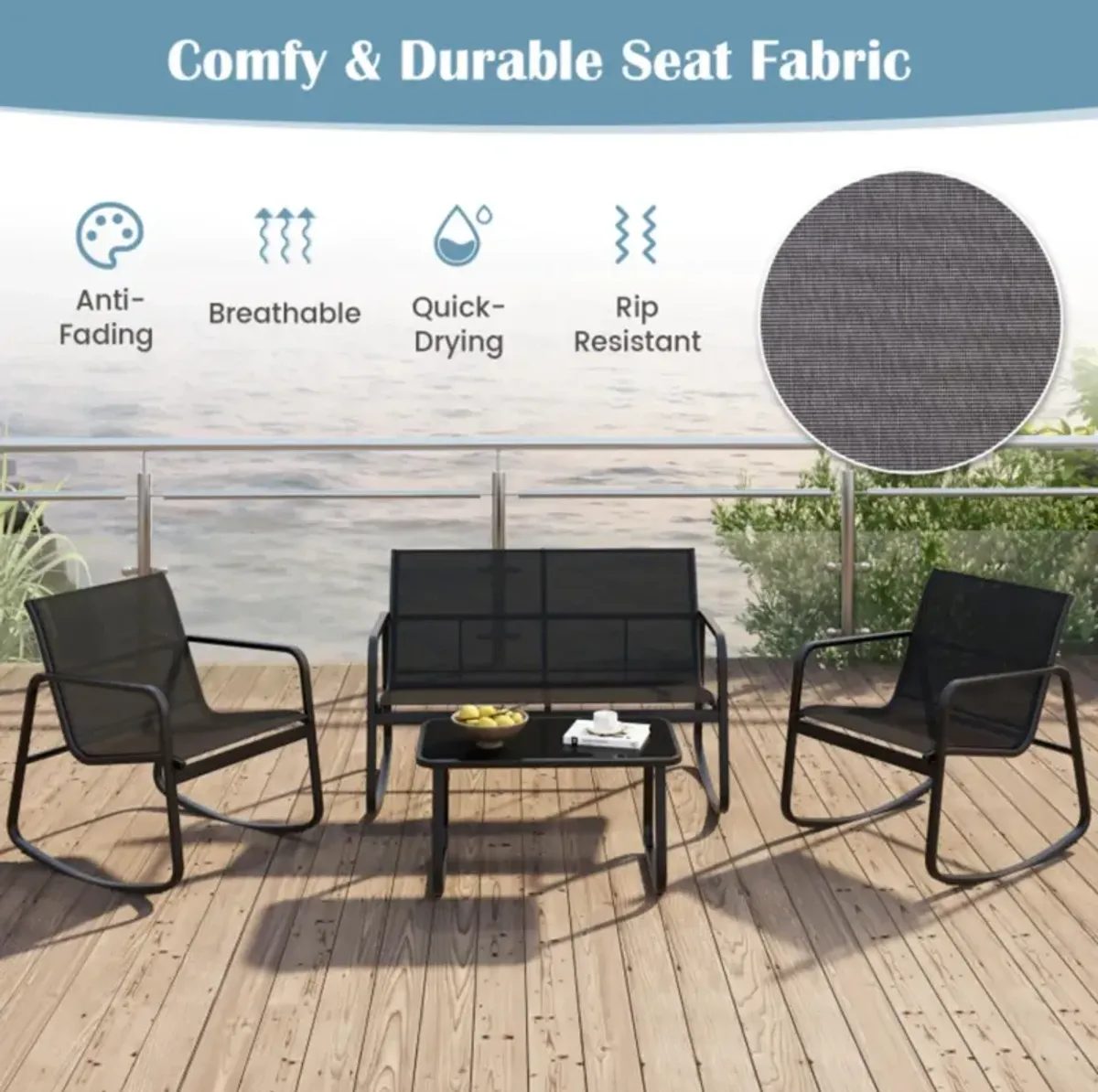 Hivvago 4 Piece Patio Rocking Set with Glass-Top Table-Black