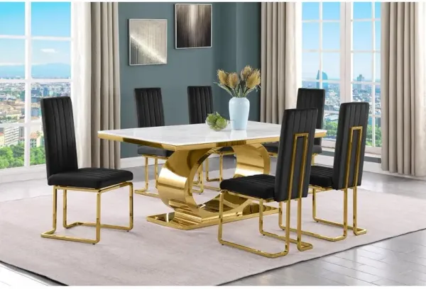 Best Quality Furniture 7pc Small(68) marble top dining set with gold base and 6 Black side chairs