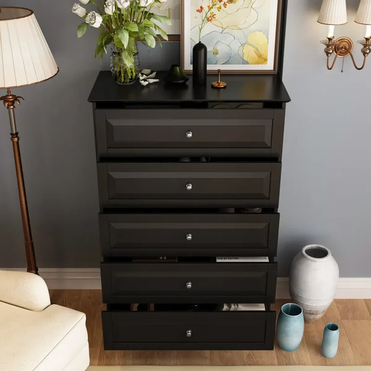 FUFU&GAGA  Classic Black 5-Drawer Chest with Elegant Design and Ample Storage for Bedroom (31.5" W x 47.2" H x 15.7" D) Black