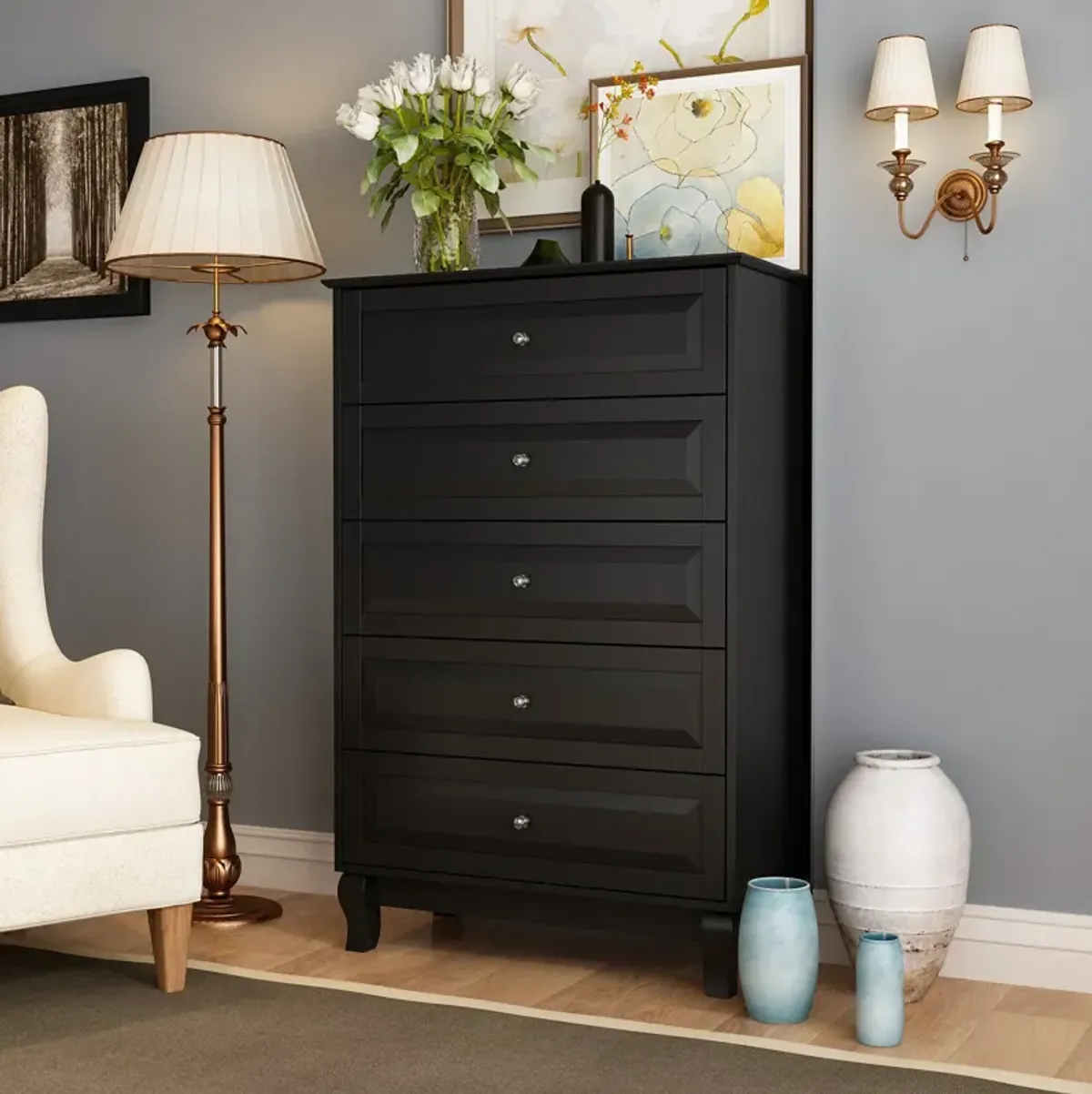 FUFU&GAGA  Classic Black 5-Drawer Chest with Elegant Design and Ample Storage for Bedroom (31.5" W x 47.2" H x 15.7" D) Black