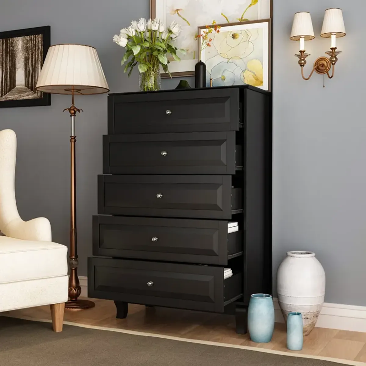 FUFU&GAGA  Classic Black 5-Drawer Chest with Elegant Design and Ample Storage for Bedroom (31.5" W x 47.2" H x 15.7" D) Black