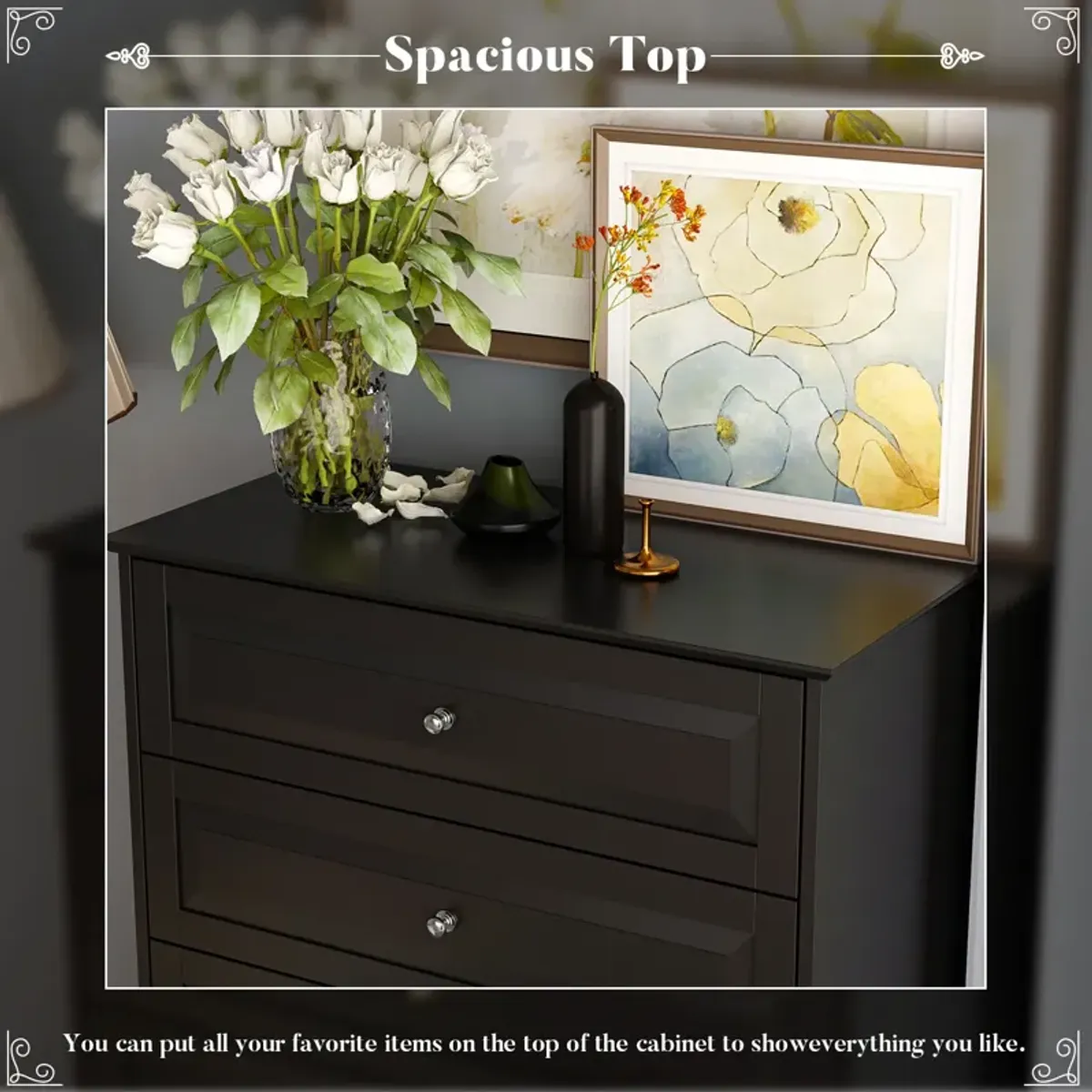 FUFU&GAGA  Classic Black 5-Drawer Chest with Elegant Design and Ample Storage for Bedroom (31.5" W x 47.2" H x 15.7" D) Black