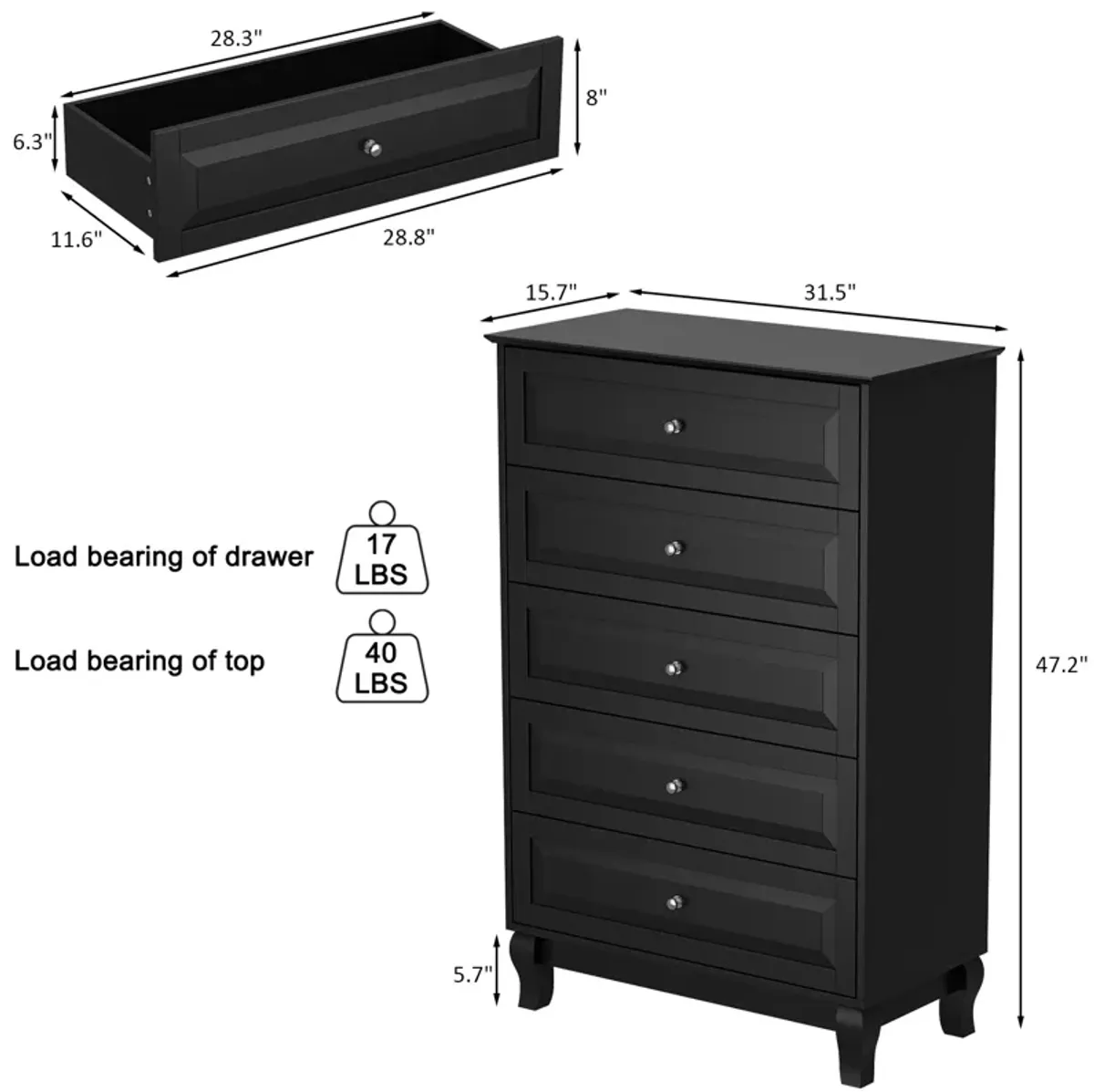 FUFU&GAGA  Classic Black 5-Drawer Chest with Elegant Design and Ample Storage for Bedroom (31.5" W x 47.2" H x 15.7" D) Black