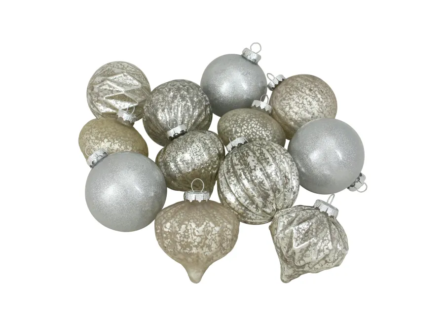 12ct Champagne and Silver Mercury Glass Style Glass Christmas Ornament Set 3"