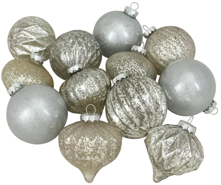 12ct Champagne and Silver Mercury Glass Style Glass Christmas Ornament Set 3"