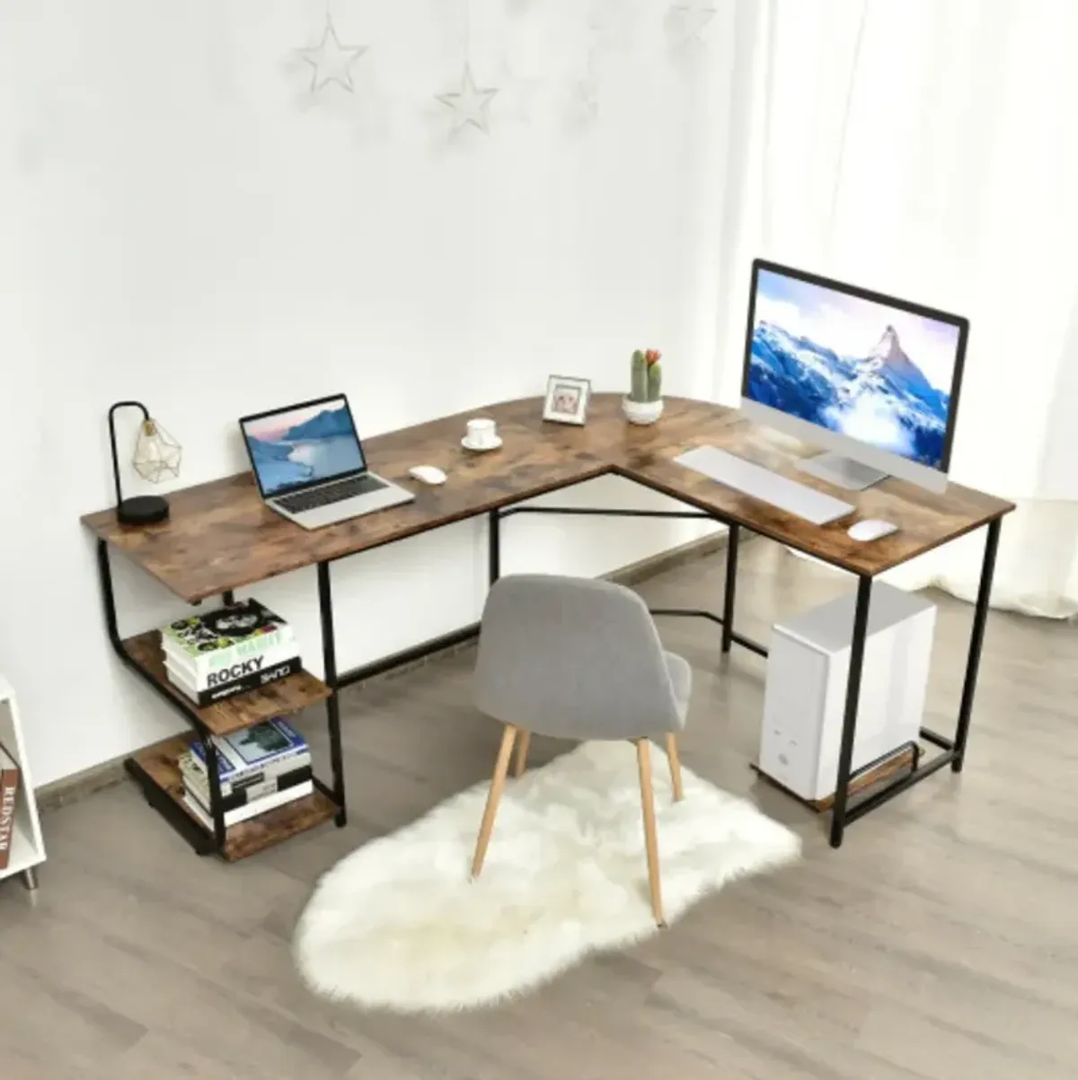 Reversible L-Shaped Computer Study Table with Shelves