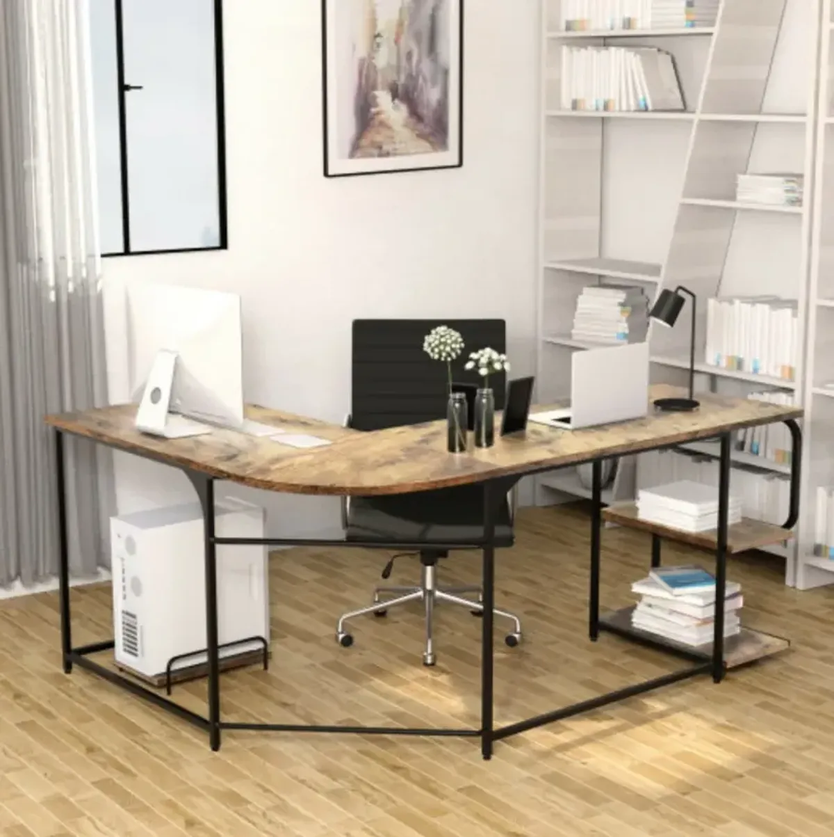 Reversible L-Shaped Computer Study Table with Shelves