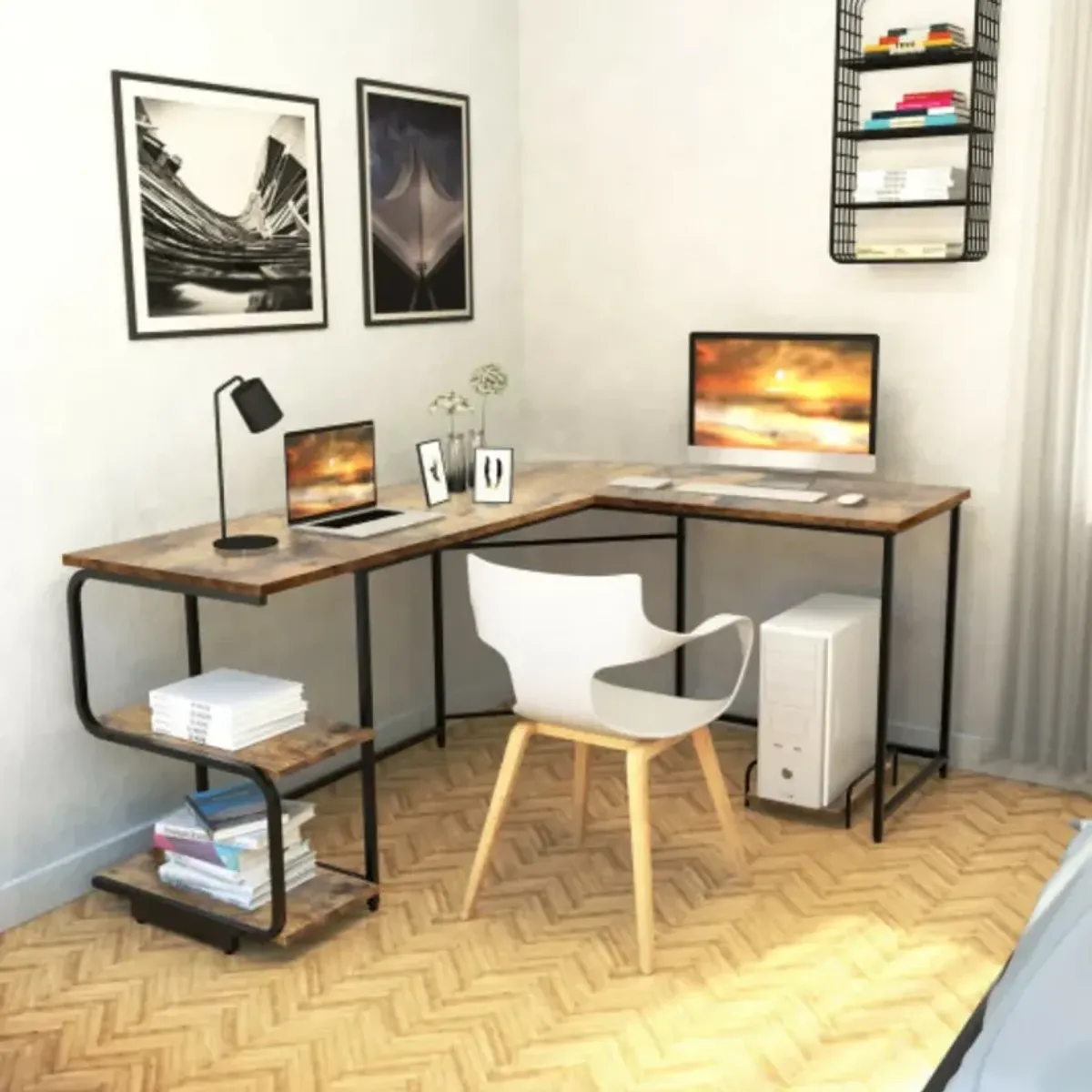 Reversible L-Shaped Computer Study Table with Shelves