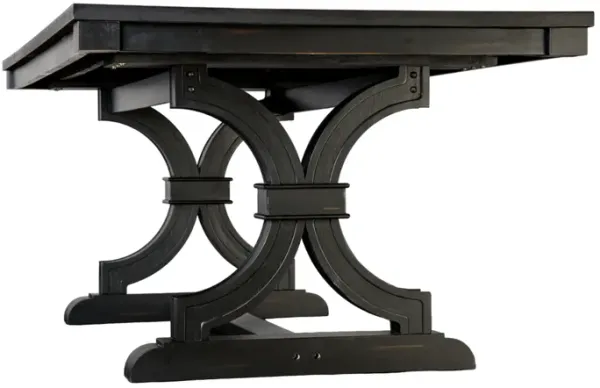 Luke Dining Table, 79 Inch Rectangular Top, Trestle Base, Black Wood - Benzara