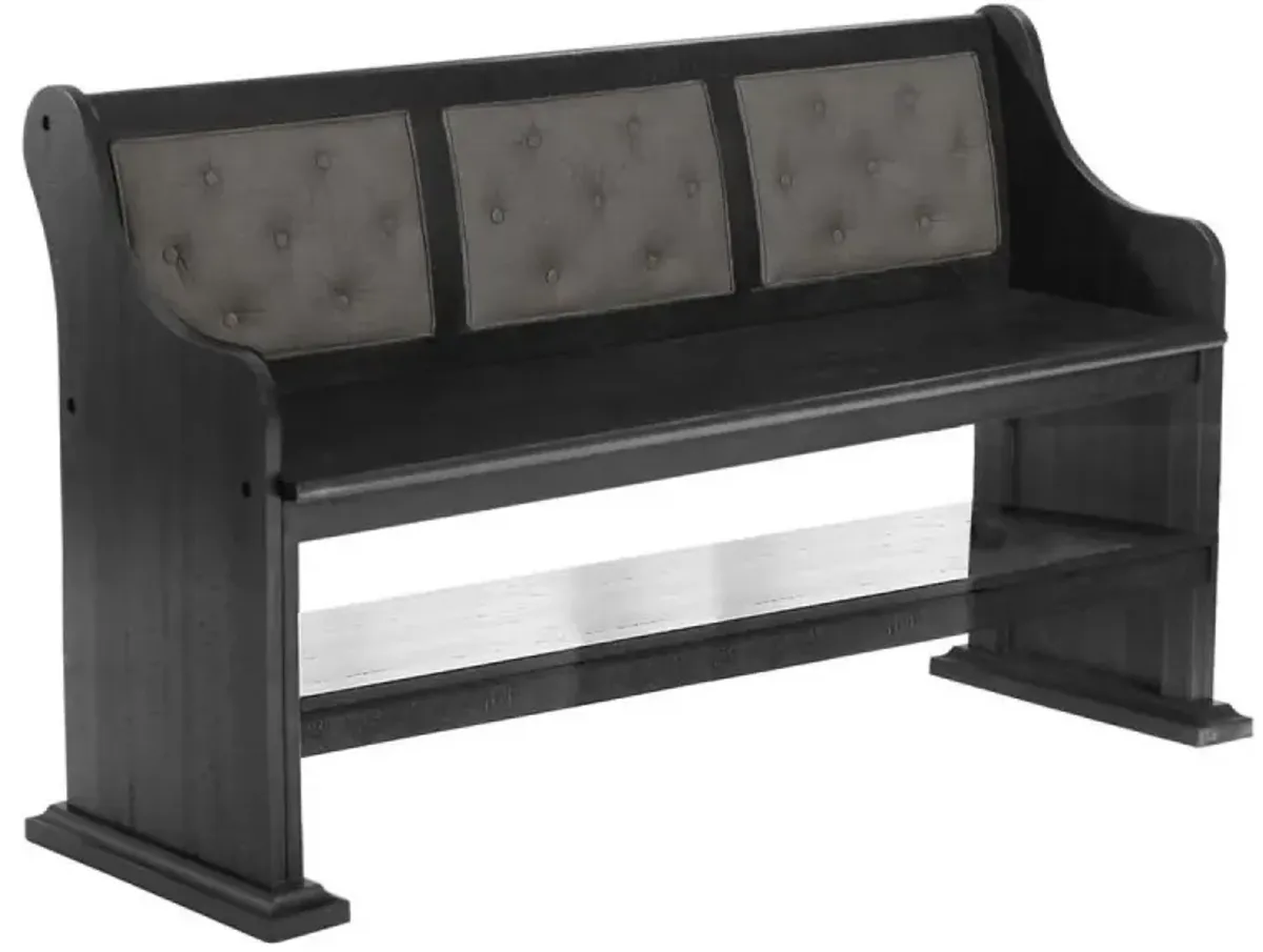 Counter height dining bench with dark grey linen fabric