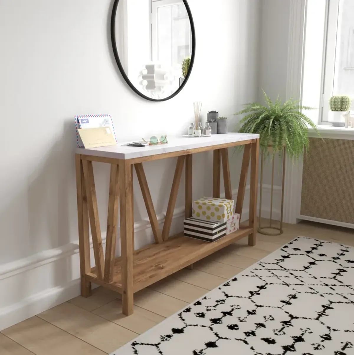 Warm Oak/Marble Entry Table