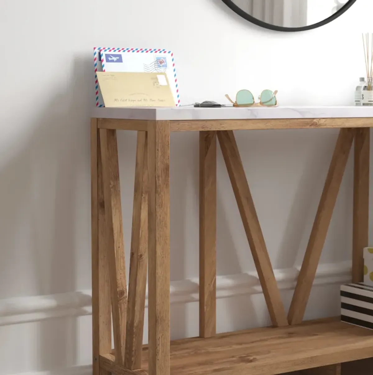 Warm Oak/Marble Entry Table