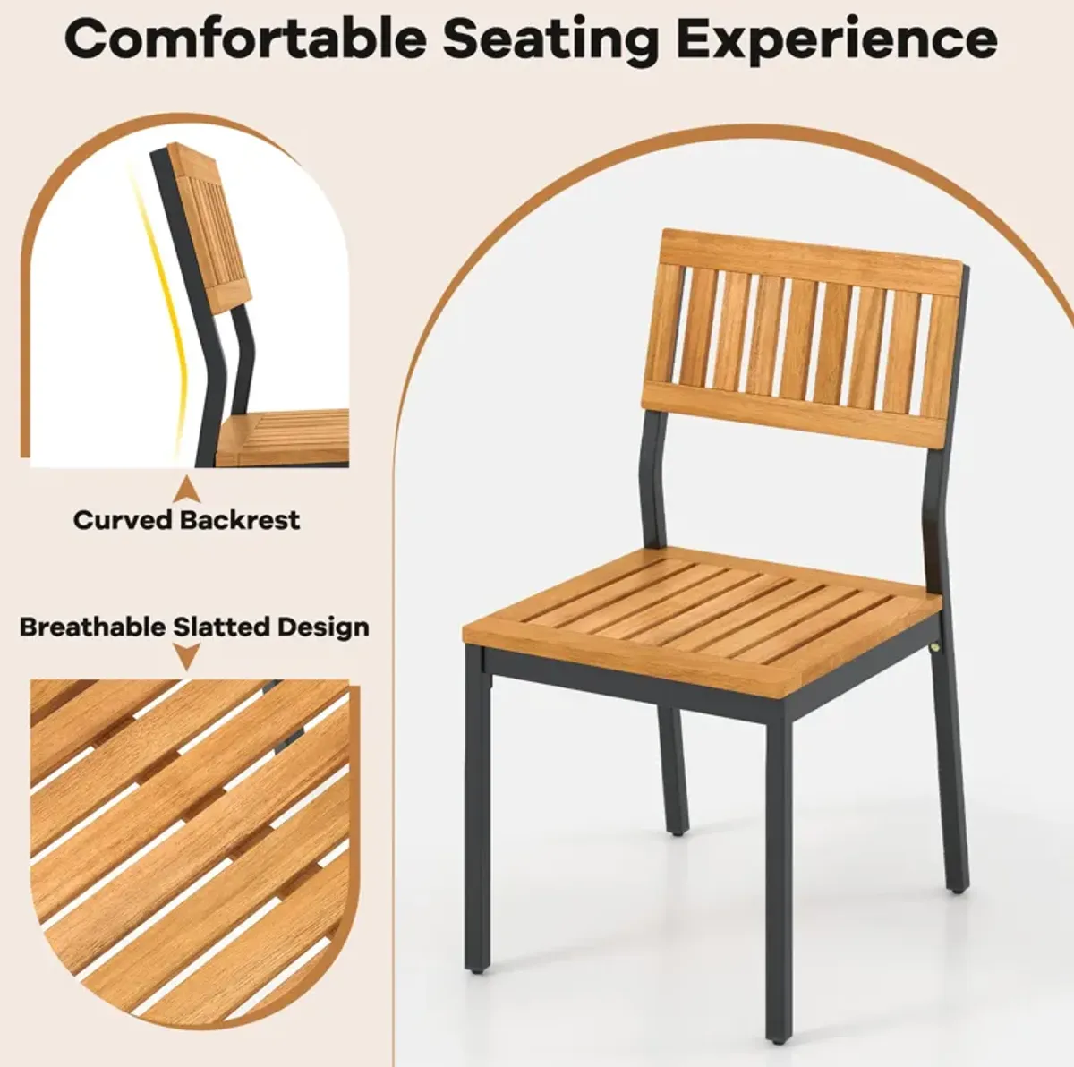 Patio Dining Chair Set of 2 with Metal and Acacia Wood Frame