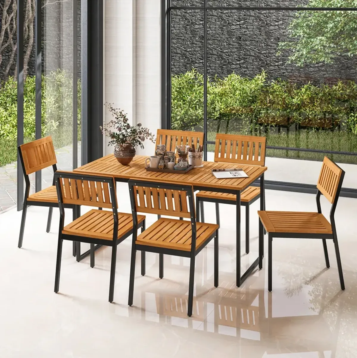 Patio Dining Chair Set of 2 with Metal and Acacia Wood Frame
