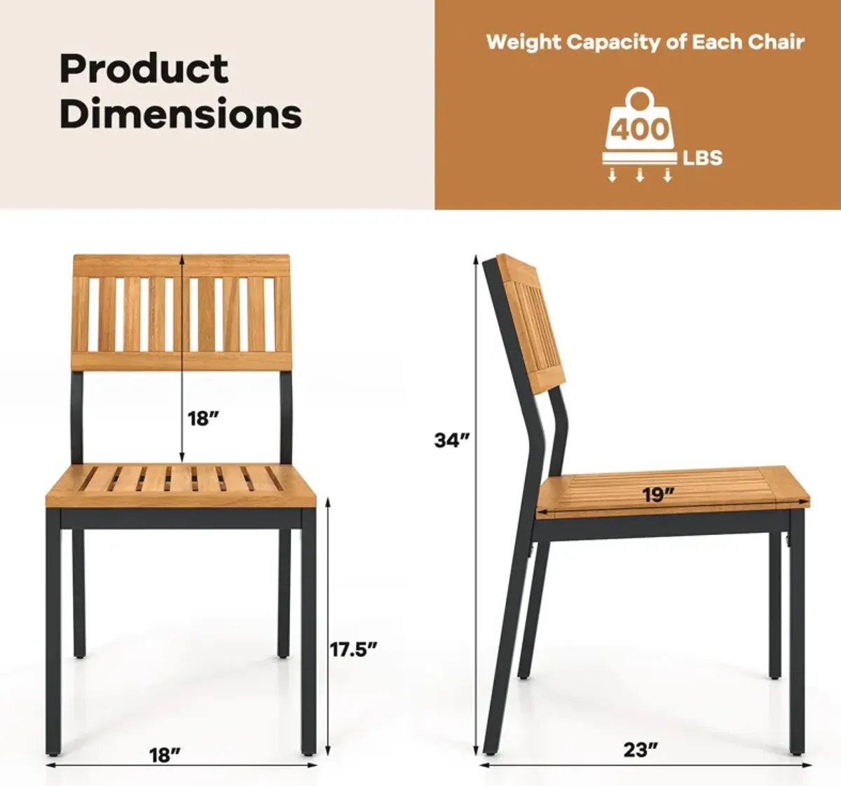 Patio Dining Chair Set of 2 with Metal and Acacia Wood Frame