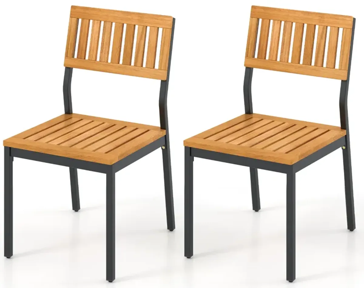 Patio Dining Chair Set of 2 with Metal and Acacia Wood Frame