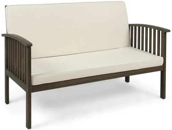 Gerry Outdoor Loveseat, Slat Panel Design, 53 Inch, Ivory Cushions - Benzara
