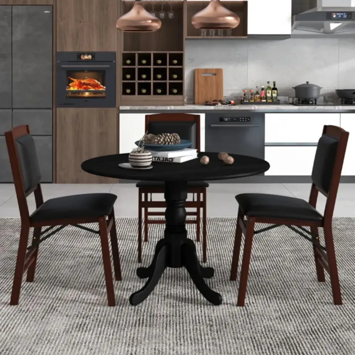 Hivvago Wooden Dining Table with Round Tabletop and Curved Trestle Legs