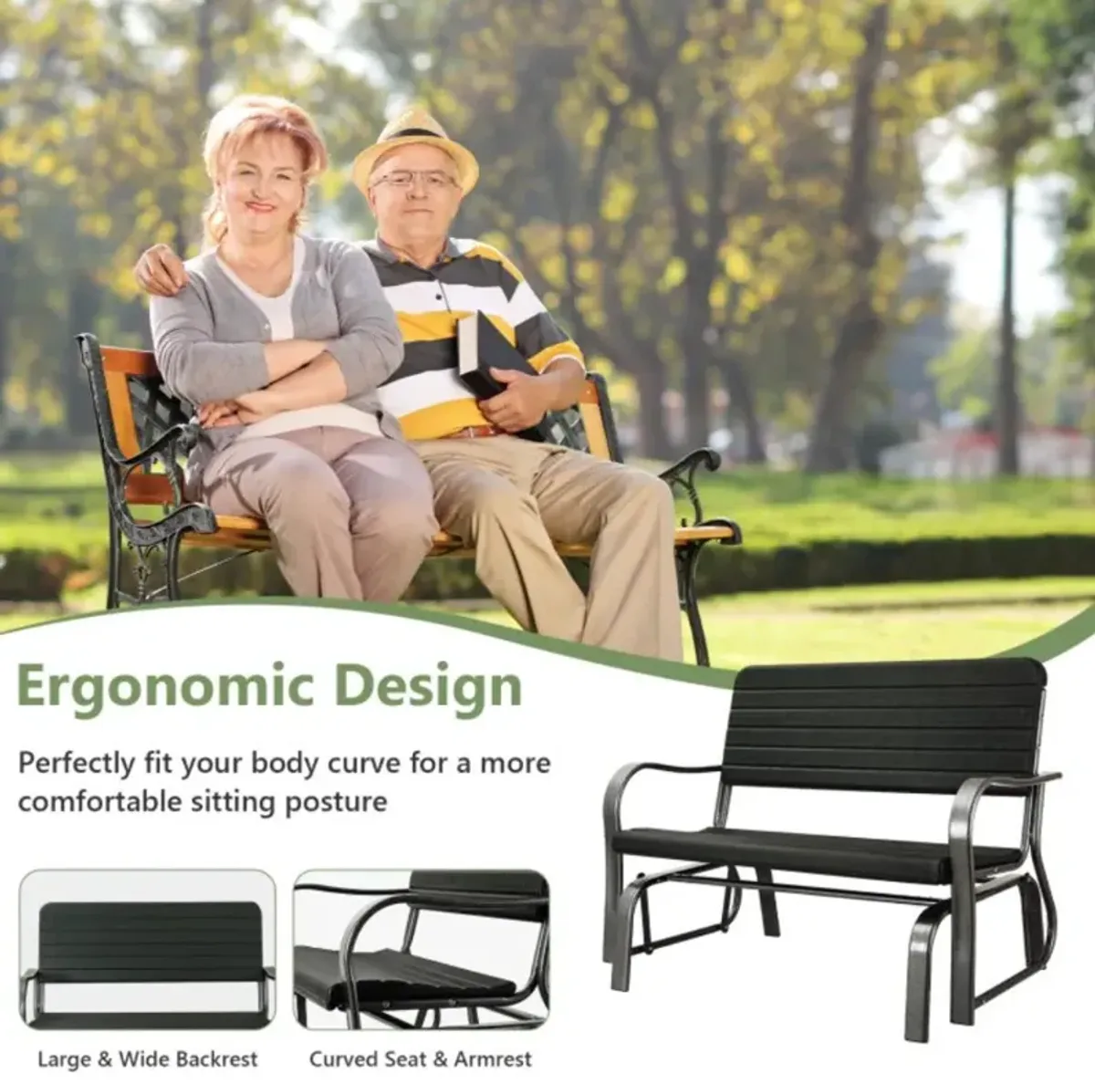 Hivvago 2-Seat Porch Glider with HDPE Back Seat and Steel Frame