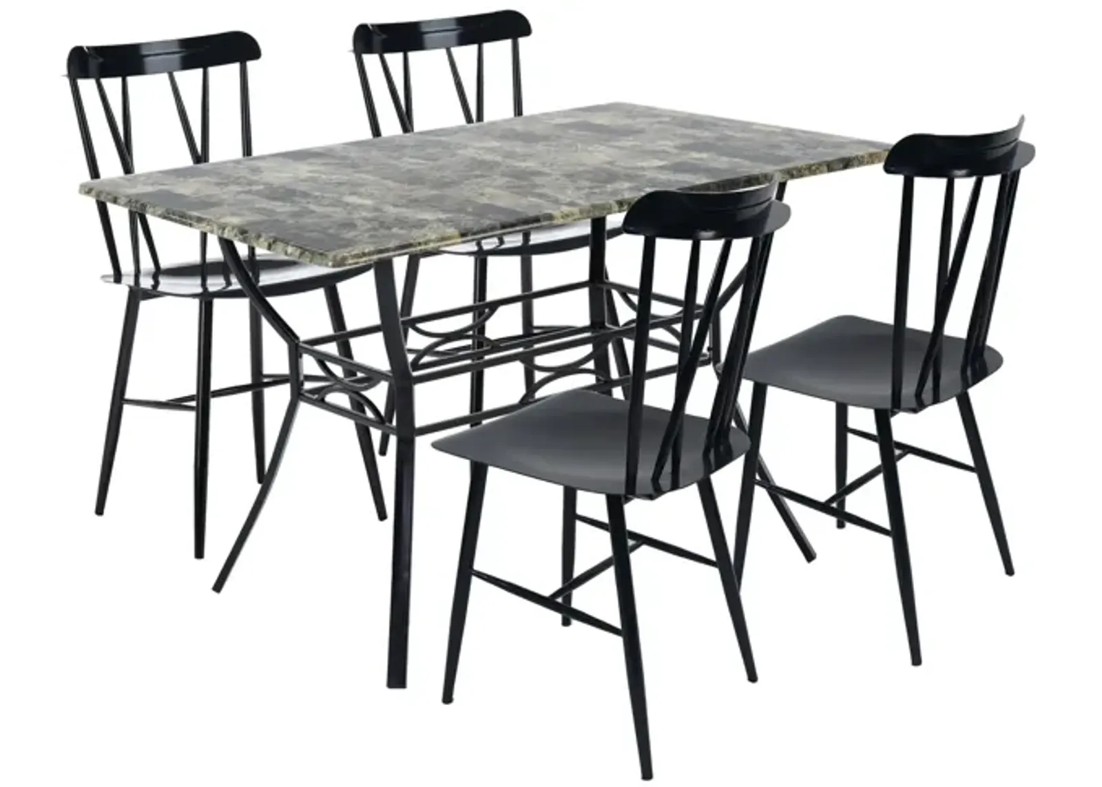 Bien 5 Piece Dining Table and Chair Set, Black Metal, Gray Faux Marble - Benzara