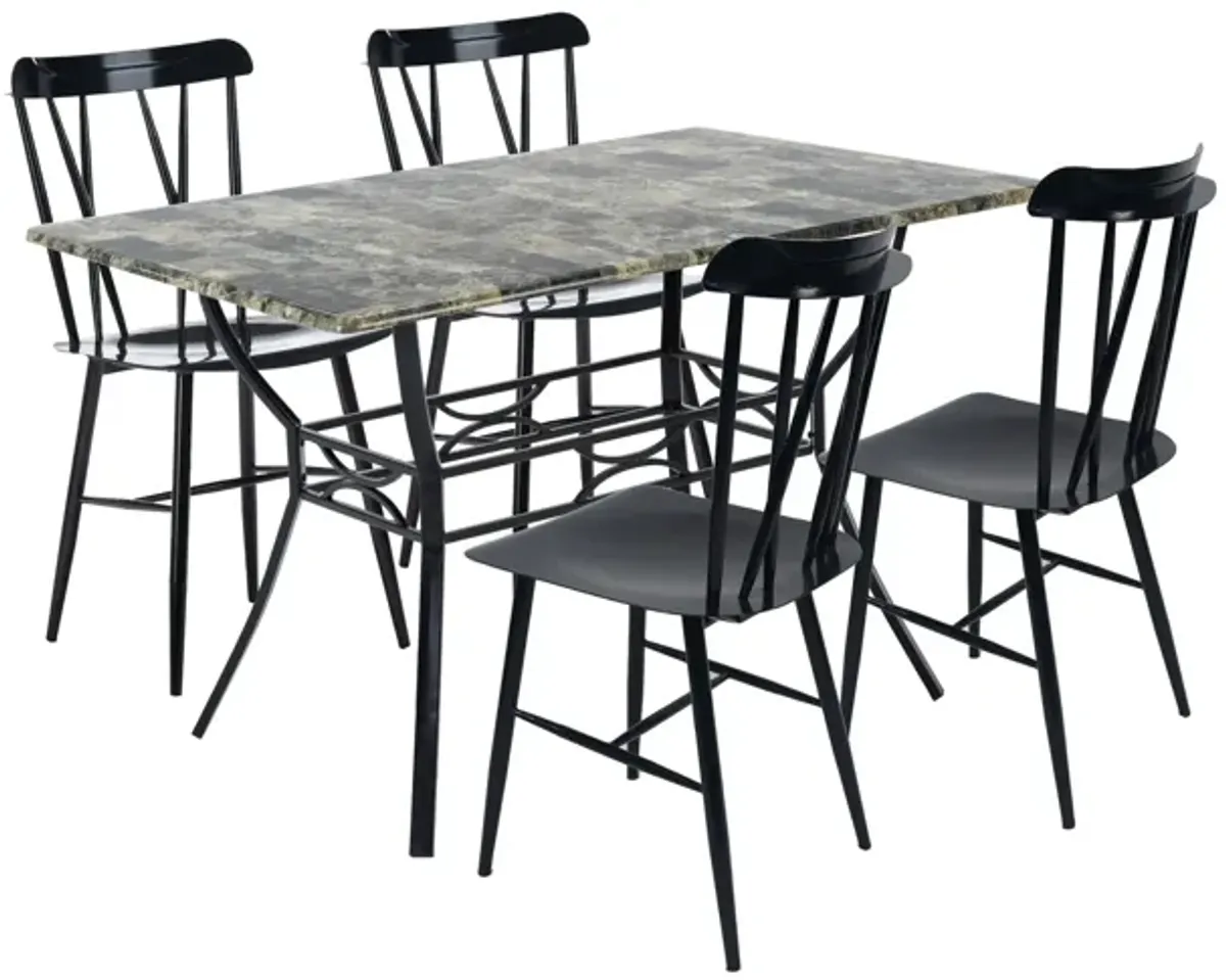 Bien 5 Piece Dining Table and Chair Set, Black Metal, Gray Faux Marble - Benzara