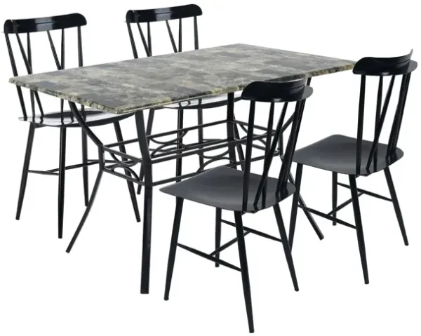 Bien 5 Piece Dining Table and Chair Set, Black Metal, Gray Faux Marble - Benzara