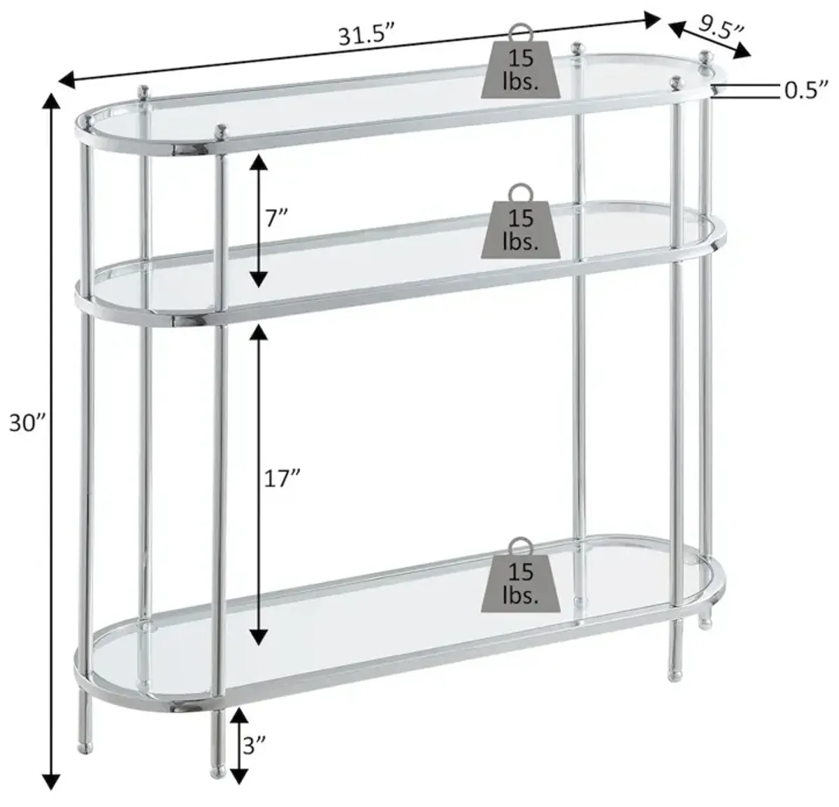 Convenience Concepts Royal Crest 3 Tier Glass Oval Entryway Hall Table