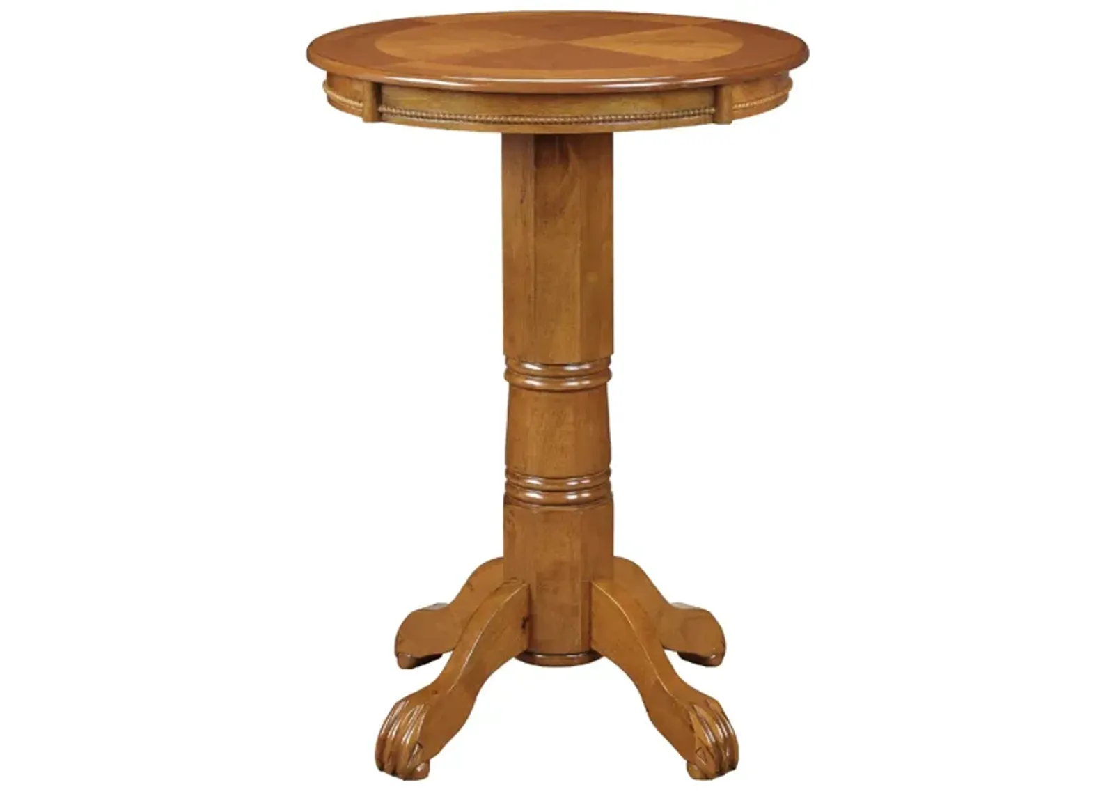 Ava 42 Inch Wood Pub Bar Table, Sunburst Design, Carved Pedestal, Oak-Benzara